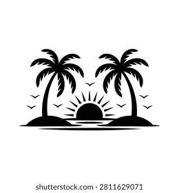 Black silhouette of two palm trees on island at sunset with birds flying around