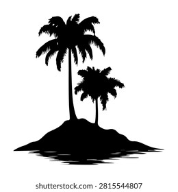 Black silhouette of two palm trees on a small island, isolated on a white background, emphasizing tropical scenery and nature tranquility.