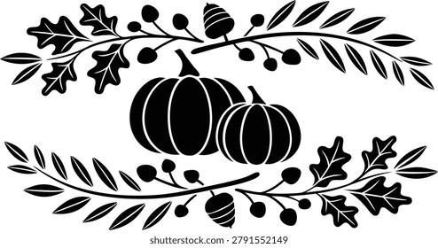 Black silhouette of two pumpkins surrounded by fall leaves and vines