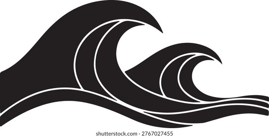 Black silhouette of two rolling ocean waves with silhouette abstract illustration