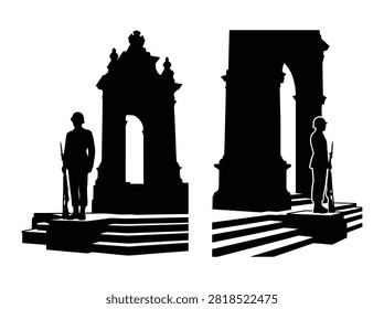 Black silhouette of two soldiers standing guard at a memorial archway for remembrance day