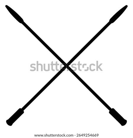 A black silhouette of two spears crossed in an X shape against a white background. Each spear has a pointed tip and a thicker handle.