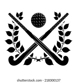 Black silhouette of two sticks for field hockey and ball with a laurel wreath. Vector illustration.