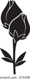 Silhueta preta de duas rosas estilizadas em um caule com folhas contra um fundo branco flor preto e branco