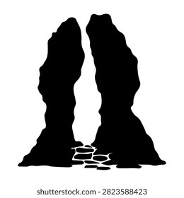 Black silhouette of two towering rock formations with a small pathway between them, set against a white background, emphasizing natural geological shapes.