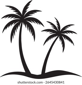 Black Silhouette of Two Tropical Palm Trees on Island Sand