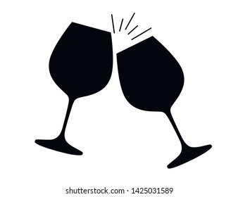 Black silhouette. Two wine glasses with red wine cheers flat vector illustration on white background