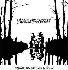 Black silhouette of two witches brewing a potion in a cauldron amidst a spooky forest with Halloween text reflection.