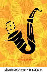 black silhouette typography of a saxophone and notes on a yellow background