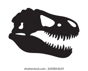 Black silhouette of Tyrannosaurus rex skull with sharp teeth and large jaw, isolated on white background, graphic illustration. Concept of prehistoric dinosaur skeleton, T rex fossil.