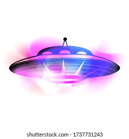 Black silhouette of a UFO with neon colorful paint stroke. Flying saucer. Unknown flying object. Vector object with color stains of paint for logos, cards, banners and your creativity.