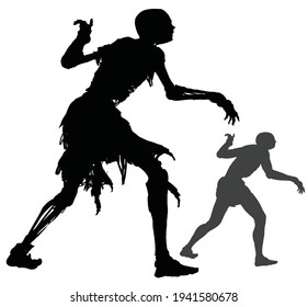 The black silhouette of an ugly, broken zombie walking forward in unconsciousness, its guests shining through, torn rags on it. 2d illustration
