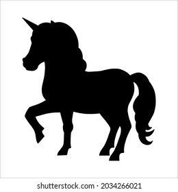 Black silhouette unicorn. Design element. Vector illustration isolated on white background. Template for books, stickers, posters, cards, clothes.