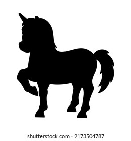 Unicornio de silueta negra. Elemento de diseño. Ilustración vectorial aislada en fondo blanco. Plantilla para libros, pegatinas, carteles, tarjetas, ropa.