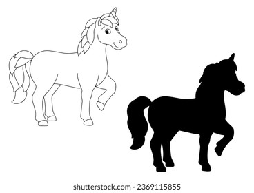 Black silhouette unicorn. Design element. Vector illustration isolated on white background. Template for books, stickers, posters, cards, clothes.