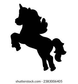 Unicornio de silueta negra. Elemento de diseño. Ilustración vectorial aislada en fondo blanco. Plantilla para libros, pegatinas, carteles, tarjetas, ropa.