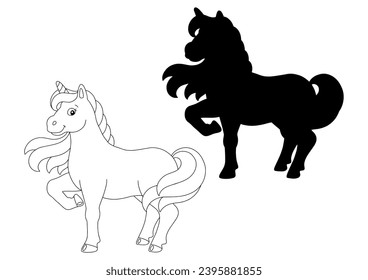 Black silhouette unicorn. Design element. Vector illustration isolated on white background. Template for books, stickers, posters, cards, clothes.