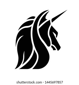Black silhouette of unicorn head logo. vector flat icon isolated on white background. fantasy logo.