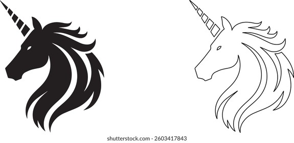 Black silhouette of a unicorn head with a long horn, white background