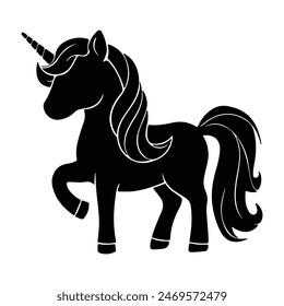 Black silhouette of unicorn kids pony design for coloring page vector isolated white background