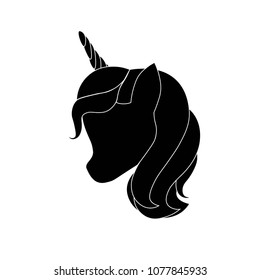 Black silhouette of unicorn on white background. Vector illustration. Black shape of unicorn's head. Graphic badge, banner, icon, print or logo.
