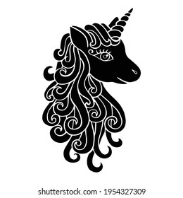 Black silhouette of unicorn. Vector illustration drawing, isolated on white background.