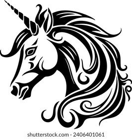 Black silhouette of unicorn. Vector illustration drawing, isolated on white background. Black shape of unicorn head	
