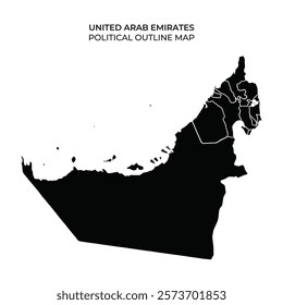 Black silhouette of the United Arab Emirates highlighting various regions. This political outline clearly displays the borders and distribution of key areas within the country.