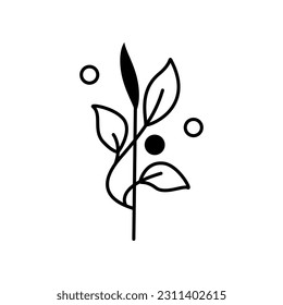 Black silhouette of a unusual stem with leaves and pollen. Clipart. Isolated element.	 