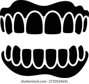 Silueta negra de las dentaduras superiores e inferiores mostradas sobre un fondo blanco. Formato escalable adecuado para medios impresos y digitales.
