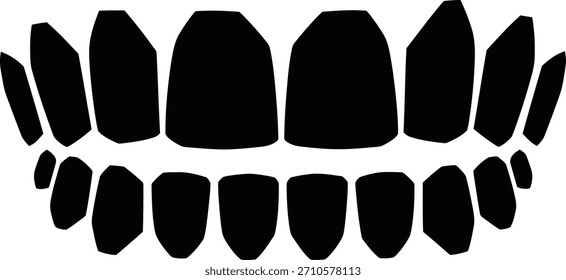 Schwarze Silhouette der oberen und unteren Gruppen von menschlichen Zähnen in einer Reihe Schlagwörter Zähne, menschliche Zähne, Zahn-, Zahnheilkunde, Mundhygiene, Lächeln, Mund, Anatomie, Medizin, Gesundheit