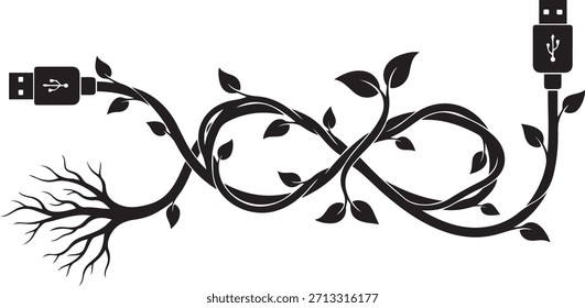 Black silhouette of a USB cable and branches with leaves forming an infinity symbol against a white background.