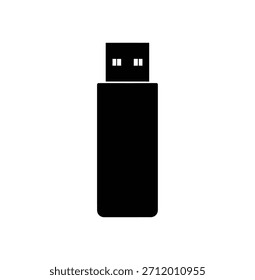 Silhueta preta de uma unidade flash USB com pinos de conector visíveis. Representa armazenamento, transferência e tecnologia de dados. Ideal para projetos de design digitais, técnicos, de segurança e com temas de hardware.