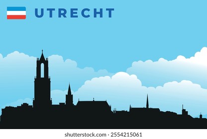 Black silhouette of Utrecht city skyline with text and flag. Vector on the background of blue sky and white clouds