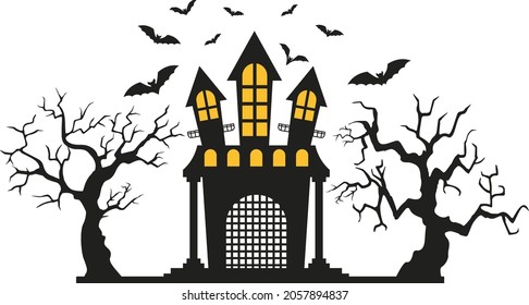 Black silhouette of a vampire castle, a dry, gnarled tree and a flock of bats. Halloween party poster. Flat cartoon illustration on white background.