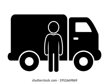 black silhouette of van and driver, vector icon
