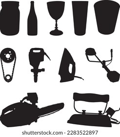 A black silhouette of a variety of things, such as a flask, a canvas, two irons and a bicycle chain.