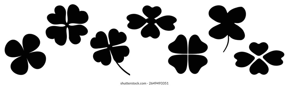 Black silhouette of various clover shapes, including four-leaf clovers, arranged in a scattered pattern. Clover shapes in silhouette. Nature illustrations, vector set.