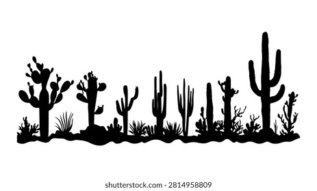 Black silhouette of various desert cacti and succulents on white background, illustrating arid environment flora and desert landscape features.