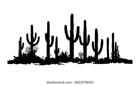 Black silhouette of various desert cacti and succulents on a plain background, emphasizing arid landscape flora and natural desert environment.