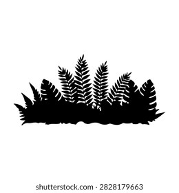 Black silhouette of various ferns and leafy plants growing on the ground, emphasizing natural plant shapes and textures.