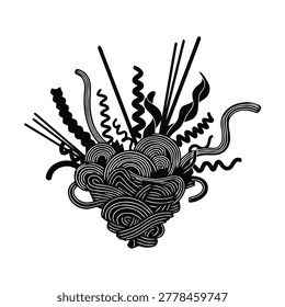 A black silhouette of various pasta shapes artfully arranged, forming a heart shape on white.