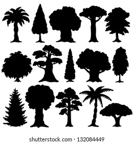 Black silhouette various of trees on a white background - vector