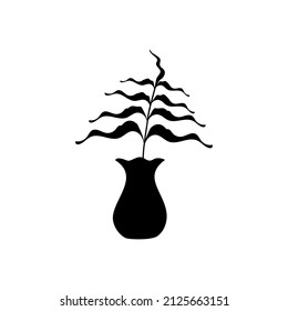 Black silhouette vase with abstract branch plant. Matisse style. Surrealism art. Decoration element. Vector illustration.