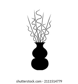 Jarrón de silueta negra de forma ondulada con ramas decorativas. Aislado sobre un fondo blanco.Para un interior minimalista. Ilustración vectorial.