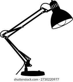 A black silhouette vector of an adjustable desk lamp, perfect for concepts of study, work, creativity, and illumination.