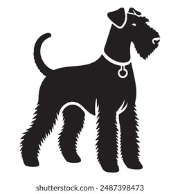 Black silhouette vector of an Airedale Terrier dog on a white background. Perfect for pet designs, logos, and animal-themed projects.