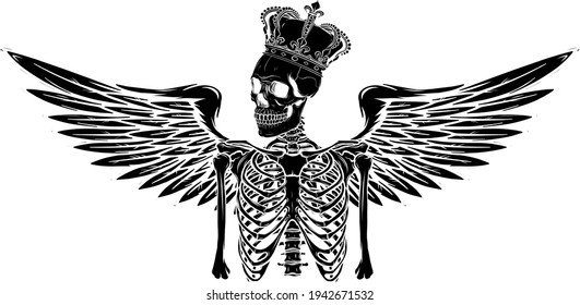 black silhouette of vector angel skeleton with wing and crown