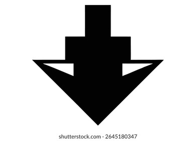 A black silhouette vector arrow pointing downwards It features a geometric design with triangular and rectangular shapes against a white background The style is simple and minimal