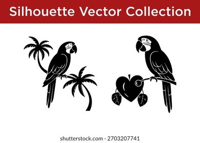 Schwarze Silhouette, Vektorgrafik von zwei Aras, einer auf einer Palme, der andere auf einem herzförmigen Zweig mit Blättern.